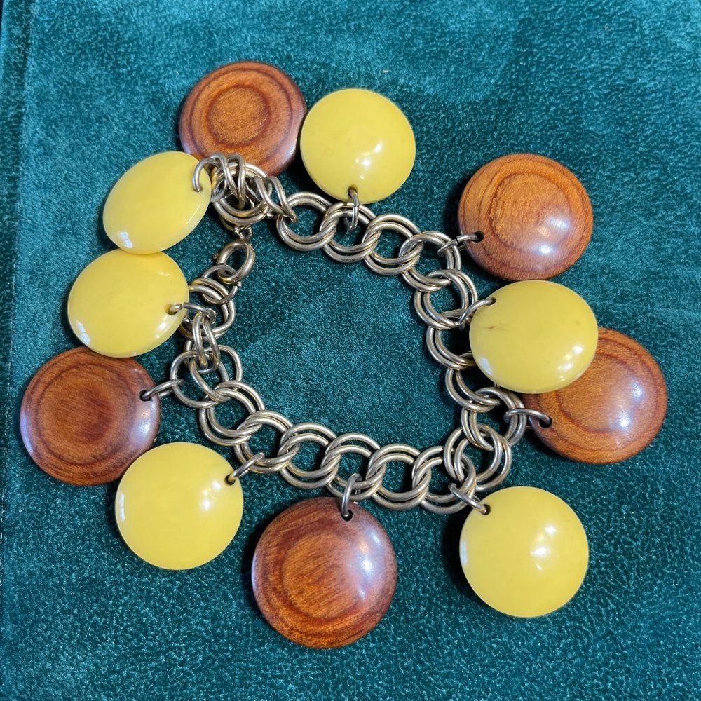 Vintage Yellow Bakelite and Wood Bracelet. 7 in.